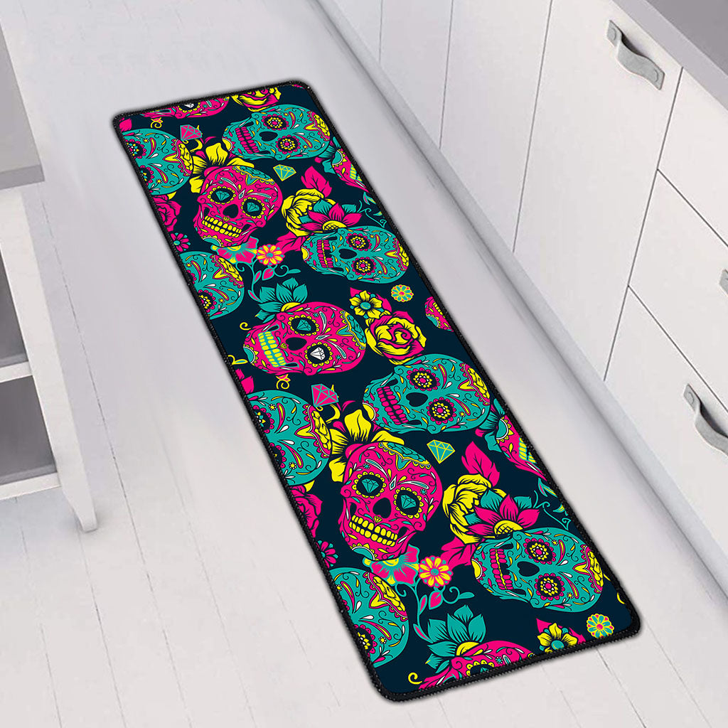 Teal Pink Sugar Skull Pattern Print Long Kitchen Mat