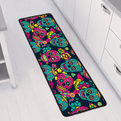 Teal Pink Sugar Skull Pattern Print Long Kitchen Mat
