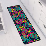Teal Pink Sugar Skull Pattern Print Long Kitchen Mat