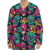 Teal Pink Sugar Skull Pattern Print Long Sleeve Baseball Jersey