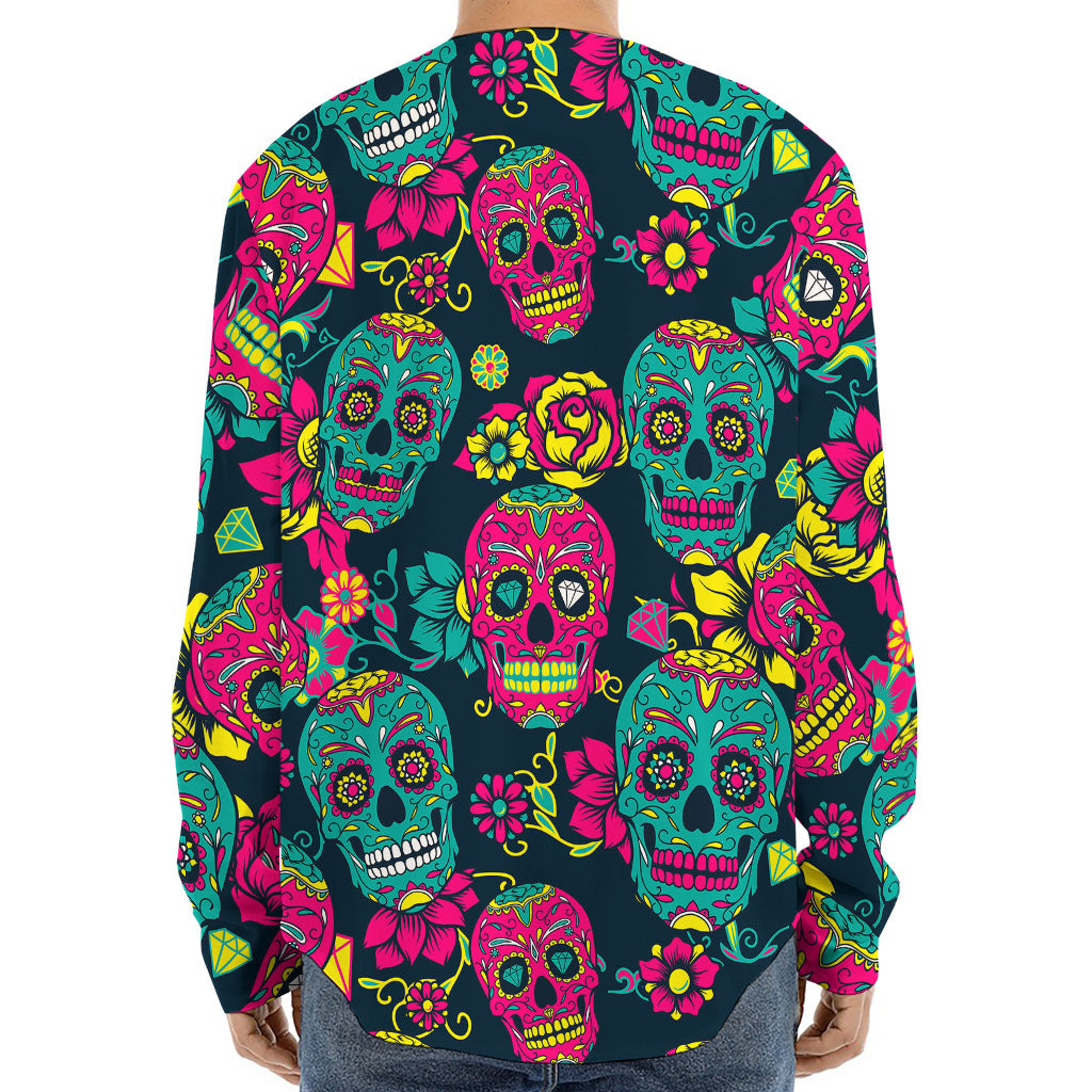 Teal Pink Sugar Skull Pattern Print Long Sleeve Baseball Jersey