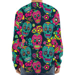 Teal Pink Sugar Skull Pattern Print Long Sleeve Baseball Jersey