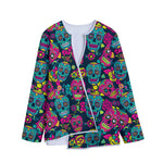 Teal Pink Sugar Skull Pattern Print Long Sleeve Short Coat