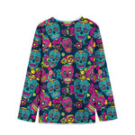 Teal Pink Sugar Skull Pattern Print Long Sleeve Short Coat