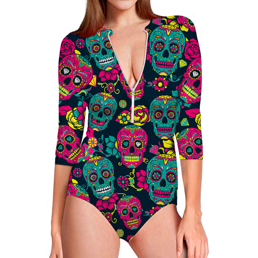 Teal Pink Sugar Skull Pattern Print Long Sleeve Swimsuit