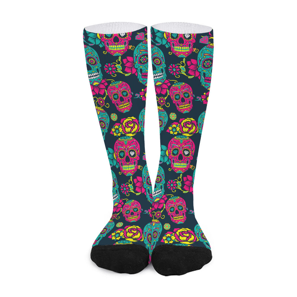 Teal Pink Sugar Skull Pattern Print Long Socks