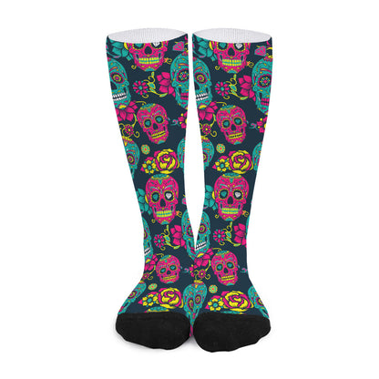Teal Pink Sugar Skull Pattern Print Long Socks