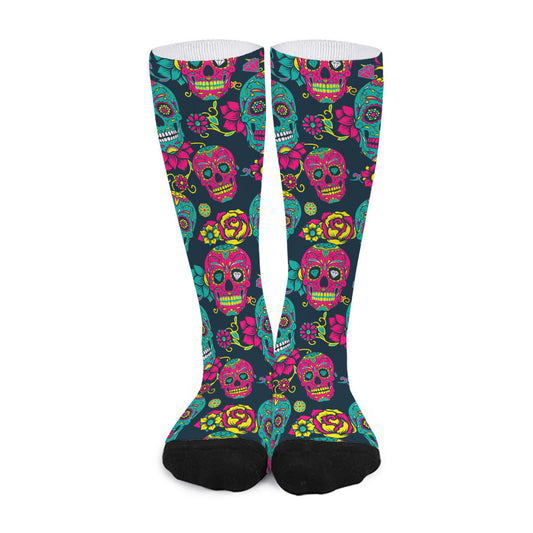 Teal Pink Sugar Skull Pattern Print Long Socks