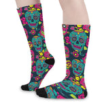 Teal Pink Sugar Skull Pattern Print Long Socks