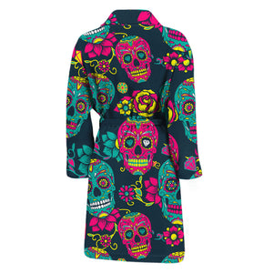 Teal Pink Sugar Skull Pattern Print Men's Bathrobe