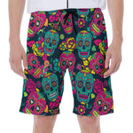 Teal Pink Sugar Skull Pattern Print Men's Beach Shorts