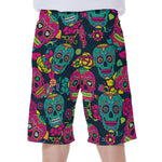 Teal Pink Sugar Skull Pattern Print Men's Beach Shorts