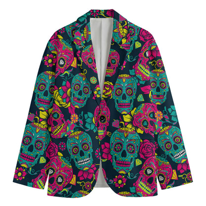 Teal Pink Sugar Skull Pattern Print Men's Blazer
