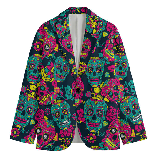 Teal Pink Sugar Skull Pattern Print Men's Blazer