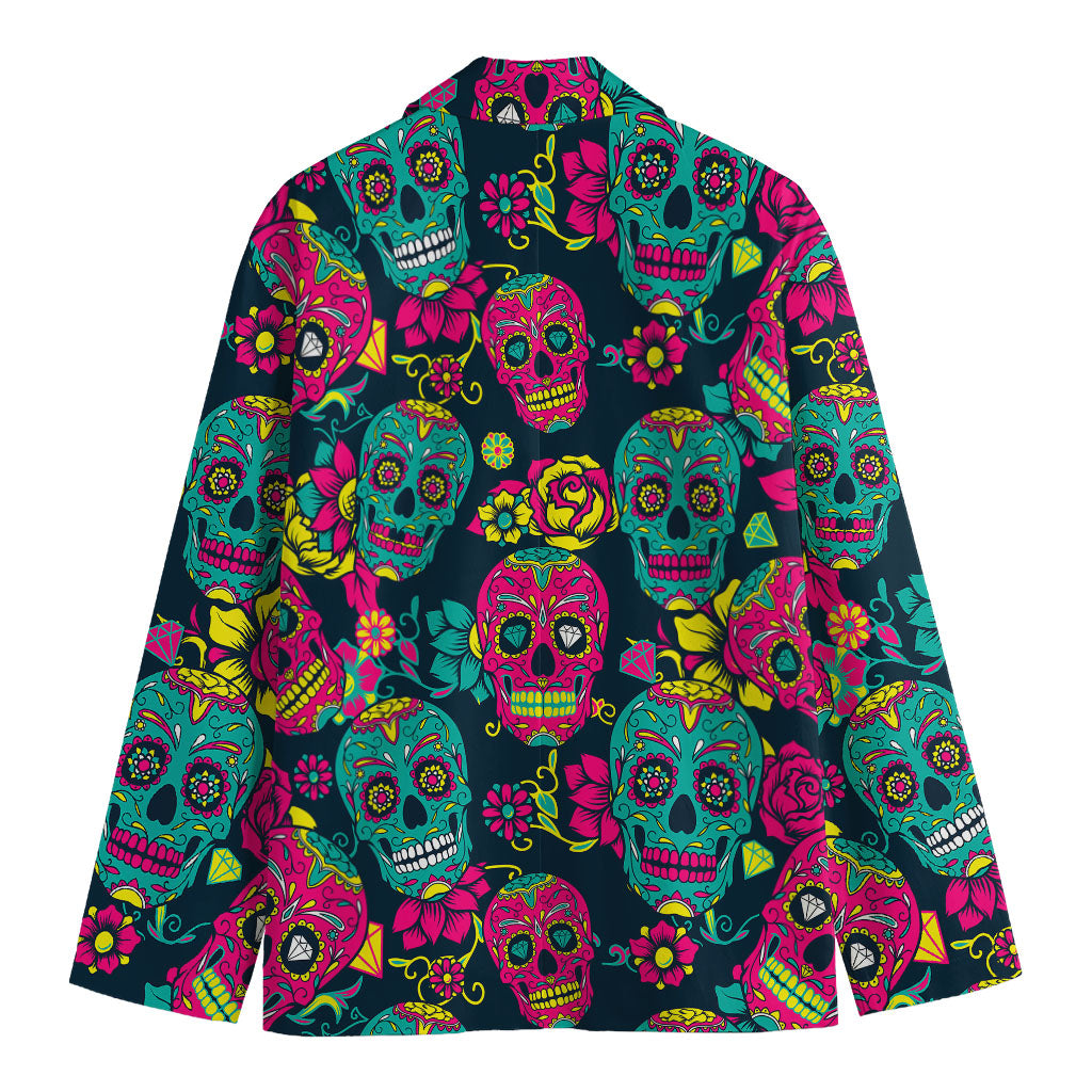 Teal Pink Sugar Skull Pattern Print Men's Blazer