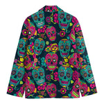 Teal Pink Sugar Skull Pattern Print Men's Blazer