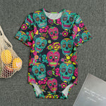 Teal Pink Sugar Skull Pattern Print Men's Bodysuit