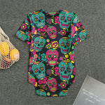 Teal Pink Sugar Skull Pattern Print Men's Bodysuit
