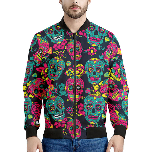 Teal Pink Sugar Skull Pattern Print Men's Bomber Jacket