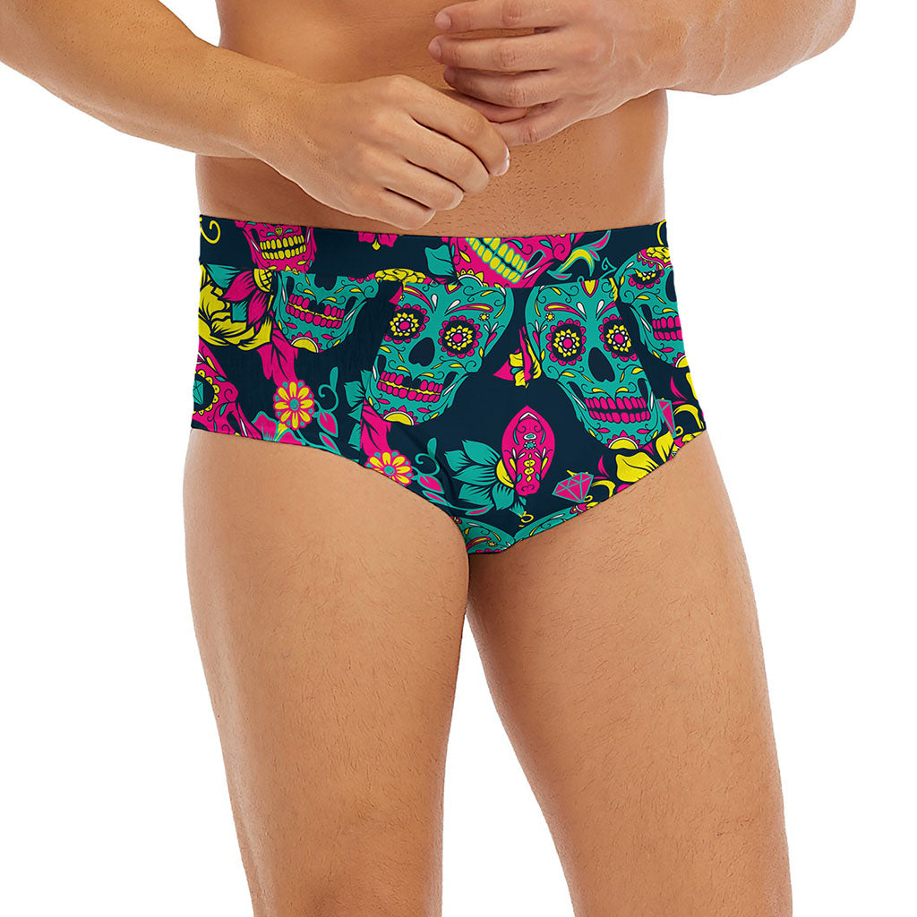 Teal Pink Sugar Skull Pattern Print Men's Briefs