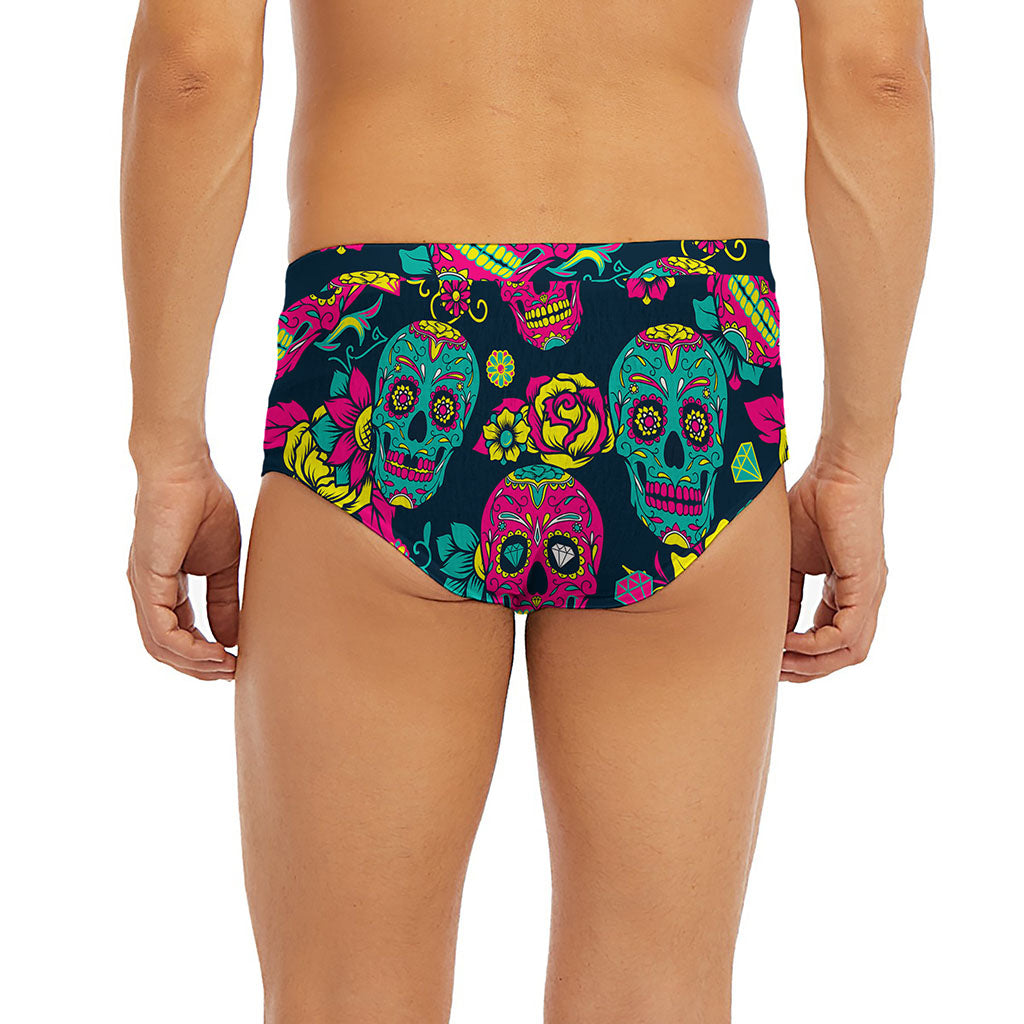 Teal Pink Sugar Skull Pattern Print Men's Briefs