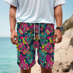 Teal Pink Sugar Skull Pattern Print Men's Cargo Shorts