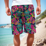 Teal Pink Sugar Skull Pattern Print Men's Cargo Shorts
