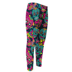 Teal Pink Sugar Skull Pattern Print Men's Compression Pants