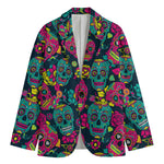 Teal Pink Sugar Skull Pattern Print Men's Cotton Blazer