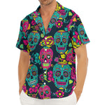 Teal Pink Sugar Skull Pattern Print Men's Deep V-Neck Shirt