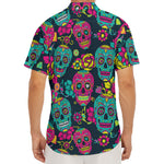 Teal Pink Sugar Skull Pattern Print Men's Deep V-Neck Shirt