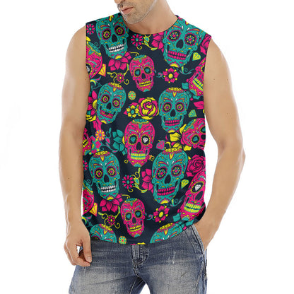 Teal Pink Sugar Skull Pattern Print Men's Fitness Tank Top