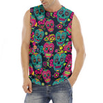 Teal Pink Sugar Skull Pattern Print Men's Fitness Tank Top
