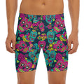 Teal Pink Sugar Skull Pattern Print Men's Long Boxer Briefs