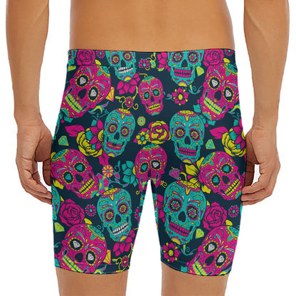 Teal Pink Sugar Skull Pattern Print Men's Long Boxer Briefs