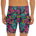 Teal Pink Sugar Skull Pattern Print Men's Long Boxer Briefs