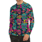Teal Pink Sugar Skull Pattern Print Men's Long Sleeve Rash Guard