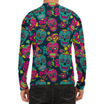 Teal Pink Sugar Skull Pattern Print Men's Long Sleeve Rash Guard