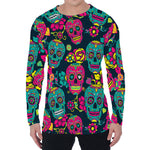 Teal Pink Sugar Skull Pattern Print Men's Long Sleeve T-Shirt