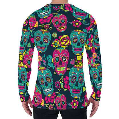 Teal Pink Sugar Skull Pattern Print Men's Long Sleeve T-Shirt