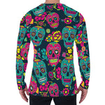 Teal Pink Sugar Skull Pattern Print Men's Long Sleeve T-Shirt