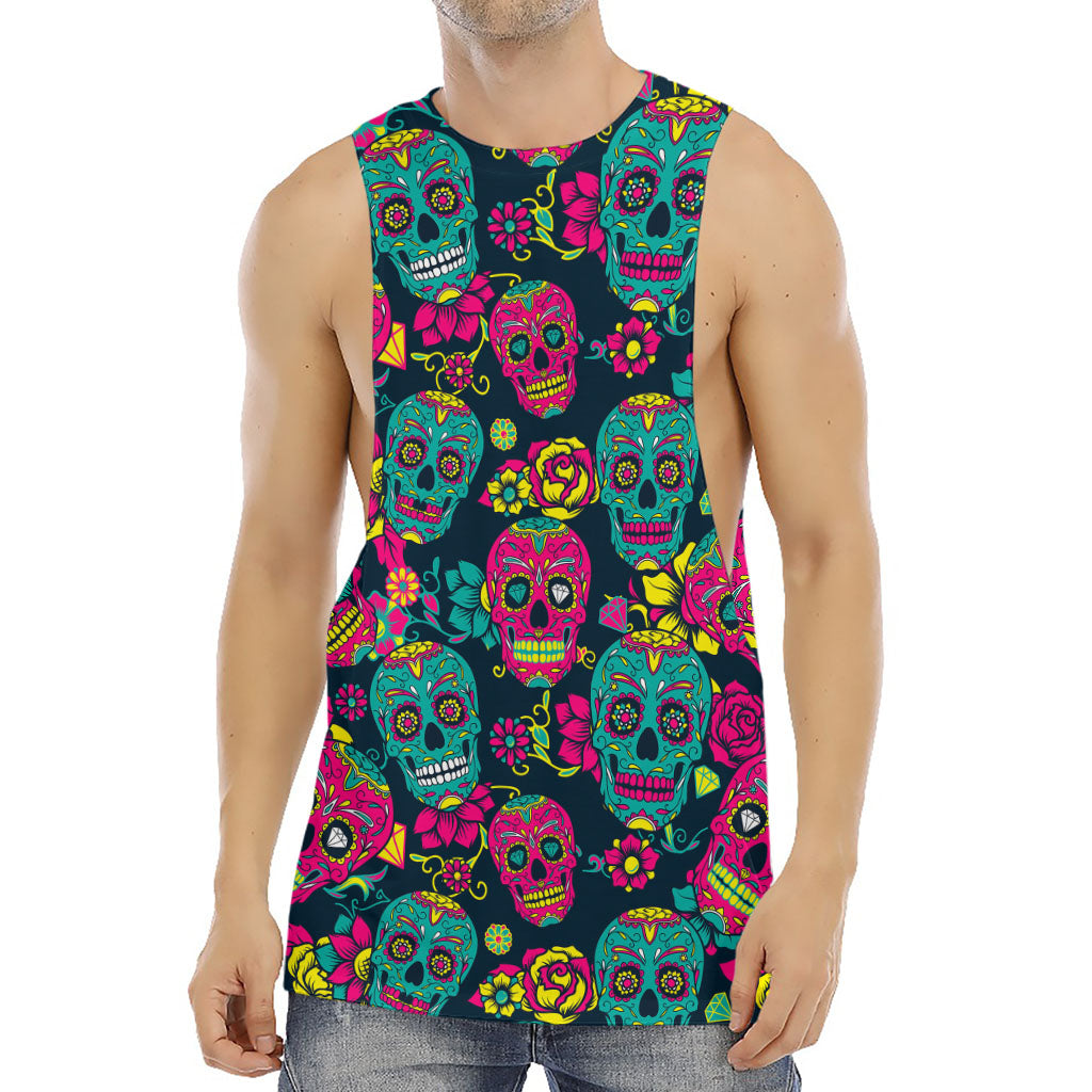 Teal Pink Sugar Skull Pattern Print Men's Muscle Tank Top
