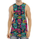 Teal Pink Sugar Skull Pattern Print Men's Muscle Tank Top