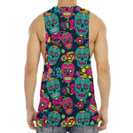 Teal Pink Sugar Skull Pattern Print Men's Muscle Tank Top