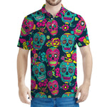 Teal Pink Sugar Skull Pattern Print Men's Polo Shirt