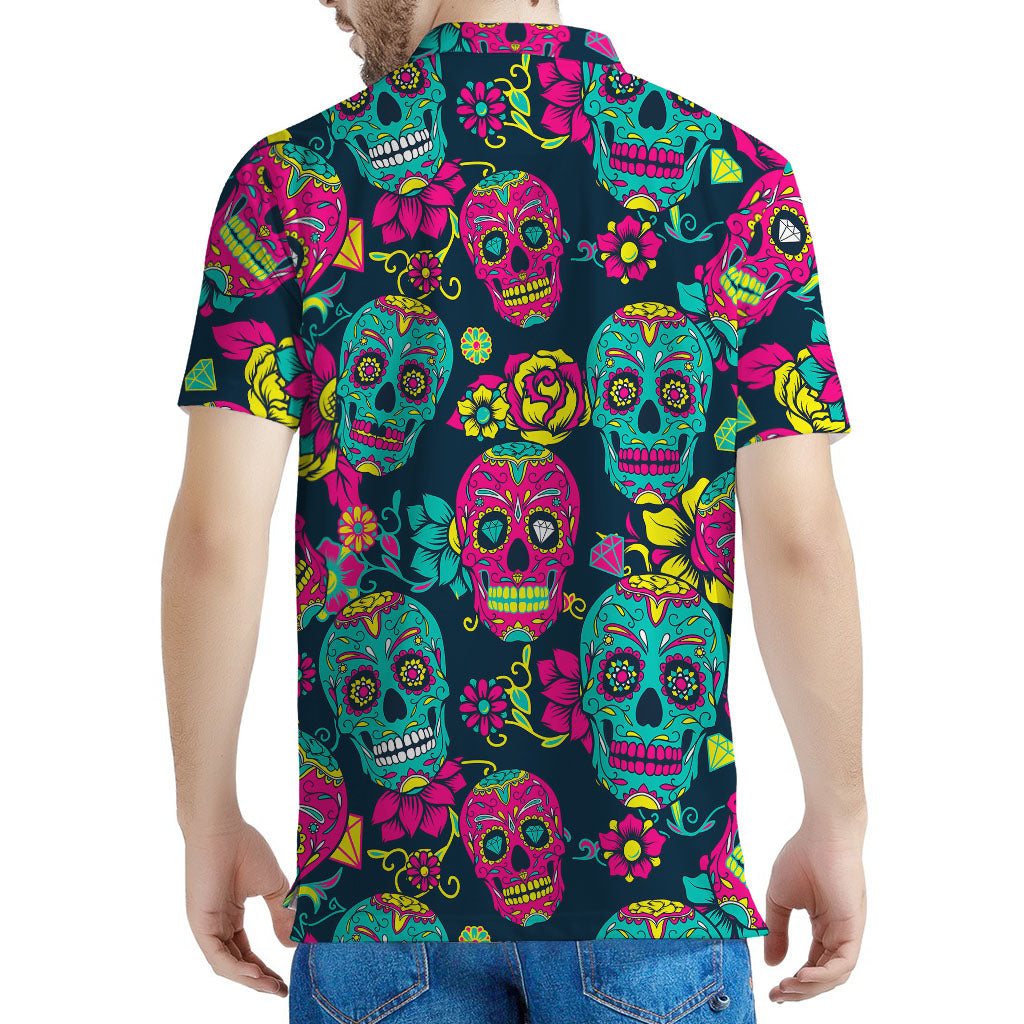 Teal Pink Sugar Skull Pattern Print Men's Polo Shirt