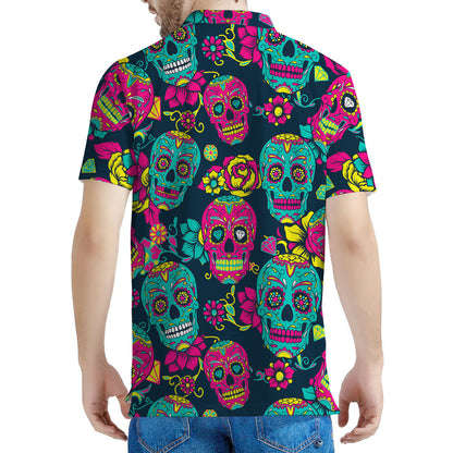 Teal Pink Sugar Skull Pattern Print Men's Polo Shirt