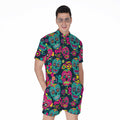Teal Pink Sugar Skull Pattern Print Men's Romper