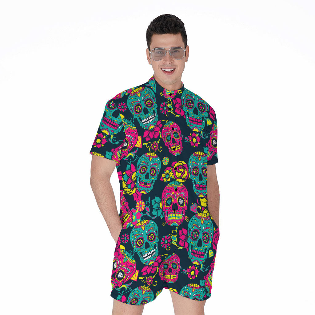 Teal Pink Sugar Skull Pattern Print Men's Rompers