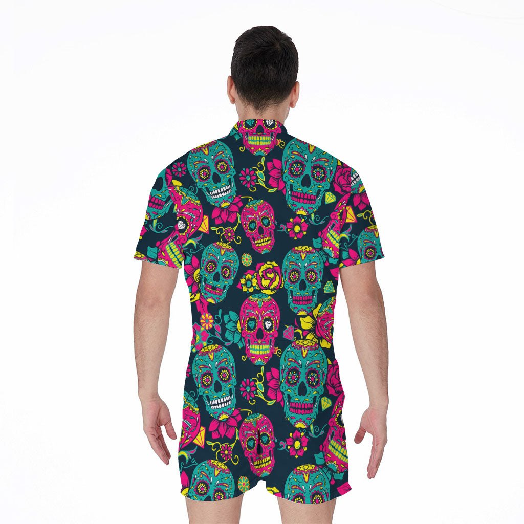 Teal Pink Sugar Skull Pattern Print Men's Rompers